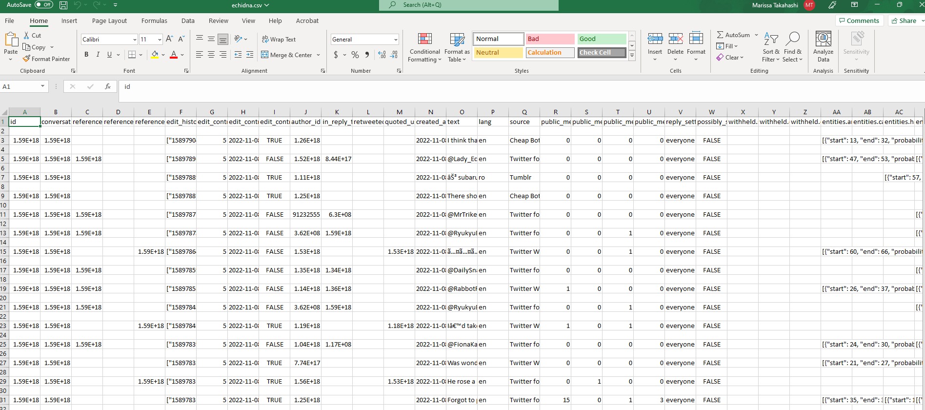 Screenshot of the broken CSV file opened directly in excel